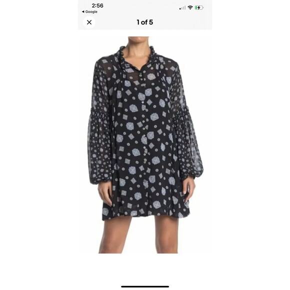 Free People black paisley Sheer Mock Neck Mini Dress flare top sz L Black - Picture 11 of 11